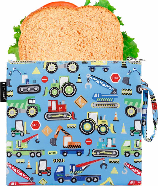 Reusable Sandwich Bag/Snack Bag for Kids & Adults, Dual Layer Lunch Bag with Handle, Washable, Food Safe, BPA Free (1-Pack, Car)