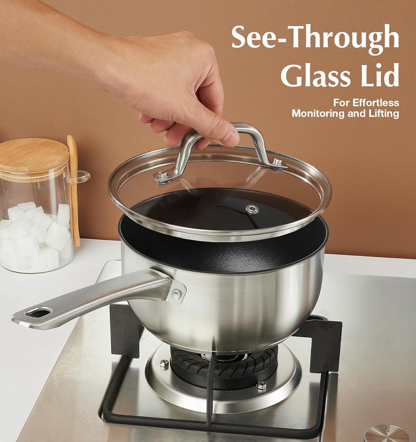 KOCH SYSTEME CS Stainless Steel Saucepan, 3 Quart Sauce Pan with Ultra Nonstick Coating, 3 Quart Saucepan with Lid, Stainless Steel Pot, 3QT Sauce Pot, Induction Compatible