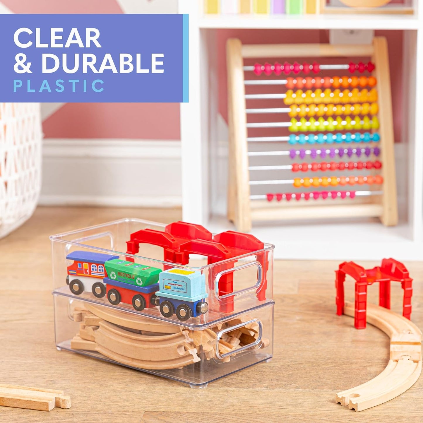 Plastic Food Storage 6 Pack Clear Container Bin with Handles for Organizing Kitchen, Pantry, Refrigerator, Freezer, Pantry, Cabinet, Closet, Bathroom. Stackable 10”x6”x3”