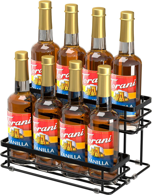 Coffee Syrup Rack Organizer, Syrup Bottle Holder Stand for Coffee Bar, 2-Tier 8 Bottles Storage Shelves for Syrup, Wine, Dressing for Kitchen Countertop (8 Bottles Black)