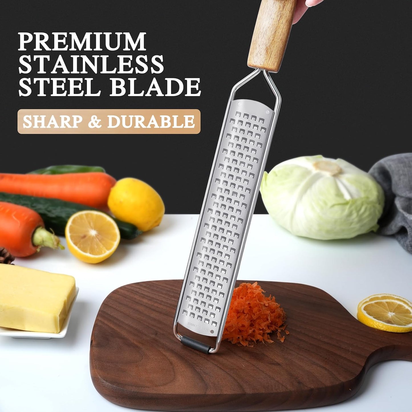 ALLWIN-HOUSEWARE Cheese Grater Zester Set of 5, 304 Stainless Steel with Acacia Wood Handle Kitchen Grater & Peeler & Slicer for Cheese, Lemon, Ginger, Garlic, Nutmeg, Fruits, Vegetables, Chocolate