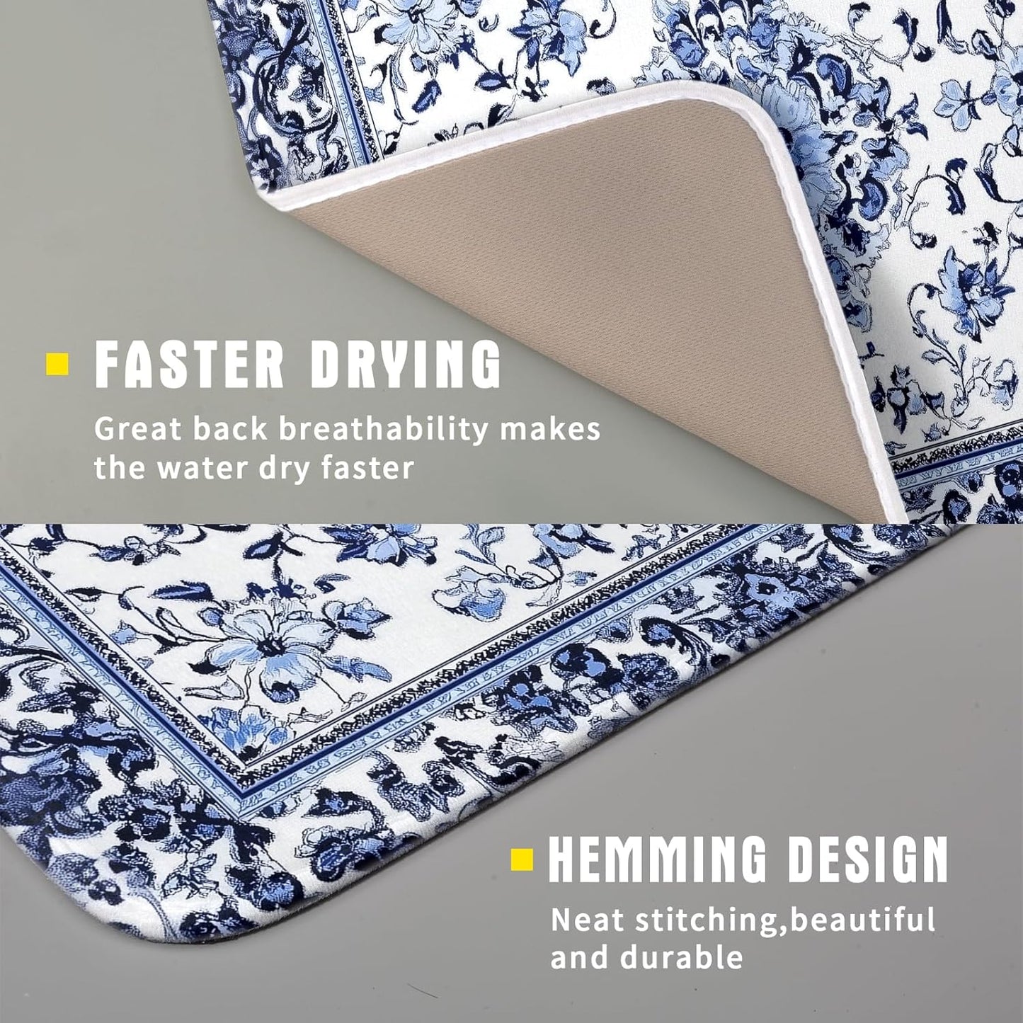 Boho Floral Dish Drying Mat 16x18 Inch Blue Leaves Kitchen Drying Pad Reversible Absorbent Dish Drainer Rack Mats Counter Tableware Decor