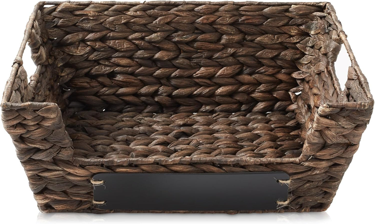 Casafield Set of 2 Water Hyacinth Pantry Baskets with Handles, Chalkboard Labels, and Marker - Espresso, Wide Woven Storage Bin Organizers for Kitchen Shelves