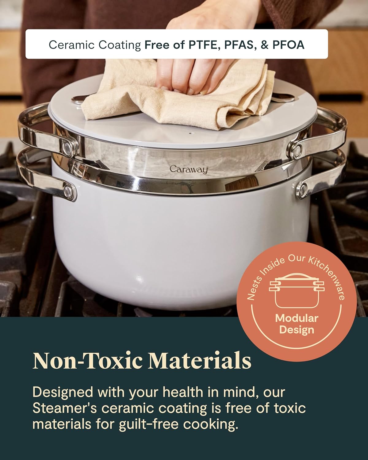 Caraway Steamer - Stainless Steel Steamer with Handles - Non Stick, Non Toxic Coating - Steam Veggies, Seafood, and More - Compatible With Our Dutch Oven or Sauce Pan - Large