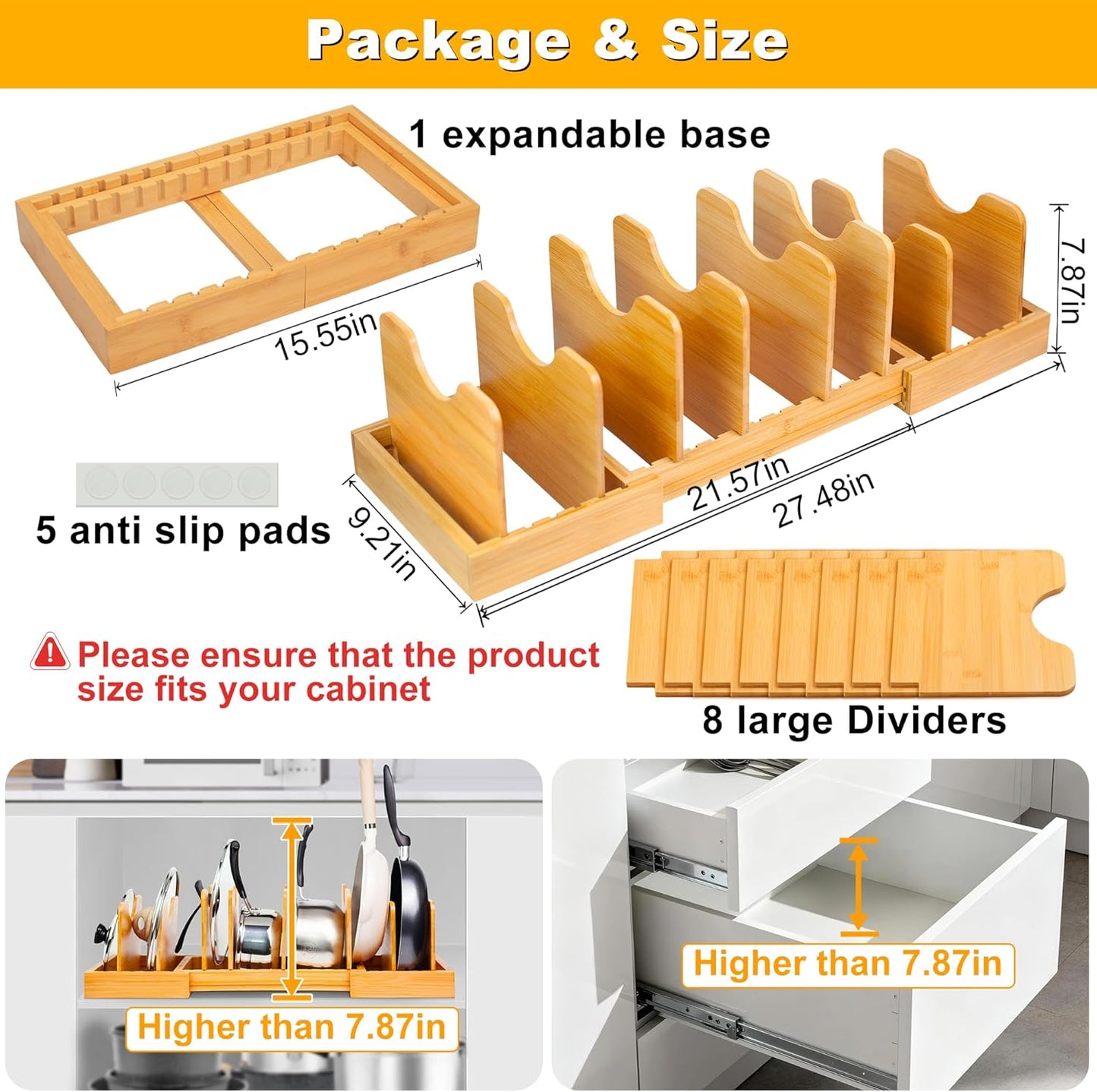 MinBoo Bamboo Expandable Pot Lid Organizer Pot Lid Holder, Pot and Pan Organizer Drawer Organizer for Pot Lids, Adjustable Dividers for Kitchen Cabinet Organizers and Storage,Large