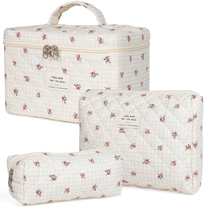 Makeup Bag,Quilted Cosmetic Bags,Large Floral Make Up Organize bag,Makeup Bag Set for Women,Flower Travel Toiletry Bag