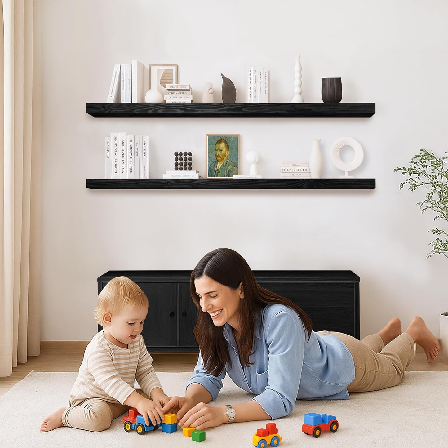 Rustic Floating Shelves 72 inch Long 8 "deep Set of 2, Heavy Duty Wood Wall Mounted Shelves for Bathroom Living Room Kitchen,Book Shelves with Thickened Hidden Bracket- Black