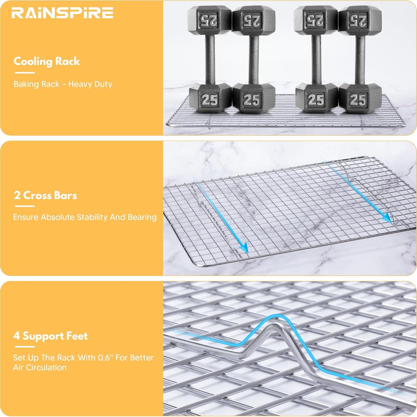 Rainspire Cooling Rack Stainless Steel, Heavy Duty Cooling Racks for Cooking and Baking, Oven Safe Wire Rack for Cooking, Baking Rack for Oven Cooking Fits Jelly Roll Pan, 10" x 15", 1-Pack