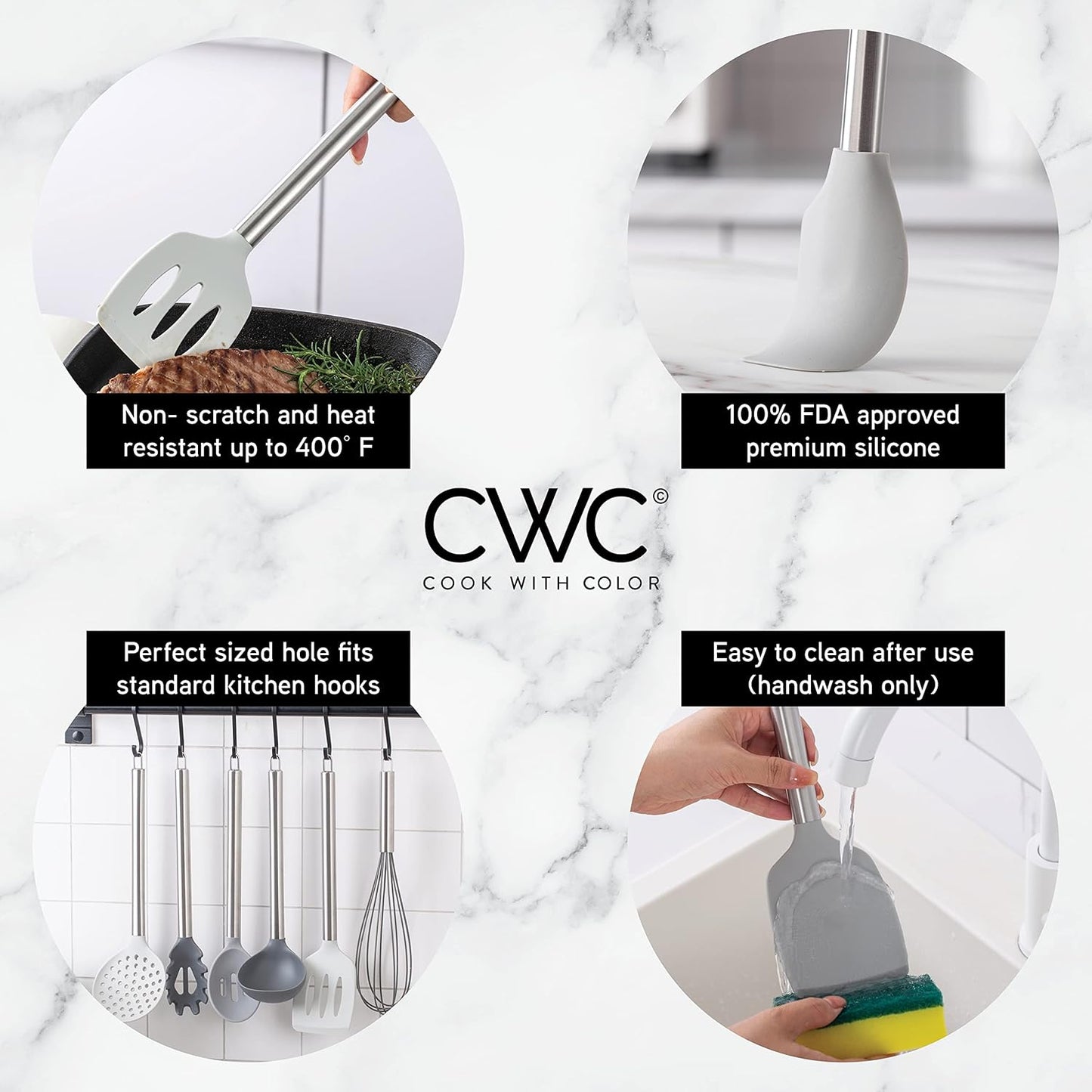 COOK WITH COLOR Silicone Cooking Utensils, Kitchen Utensil Set, Easy to Clean Silicone Kitchen Utensils, Cooking Utensils for Nonstick Cookware, Kitchen Gadgets Set, 10 Pieces, Grey Ombre