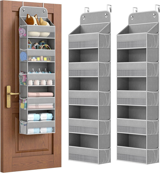 LAMU 2 Pack Over The Door Organizer Hanging with 5 Large Pockets and 10 Mesh Pockets, 44lb Over The Door Storage for Closet, Nursery and Bathroom, Behind The Door Storage with Clothes and Toys, Gray