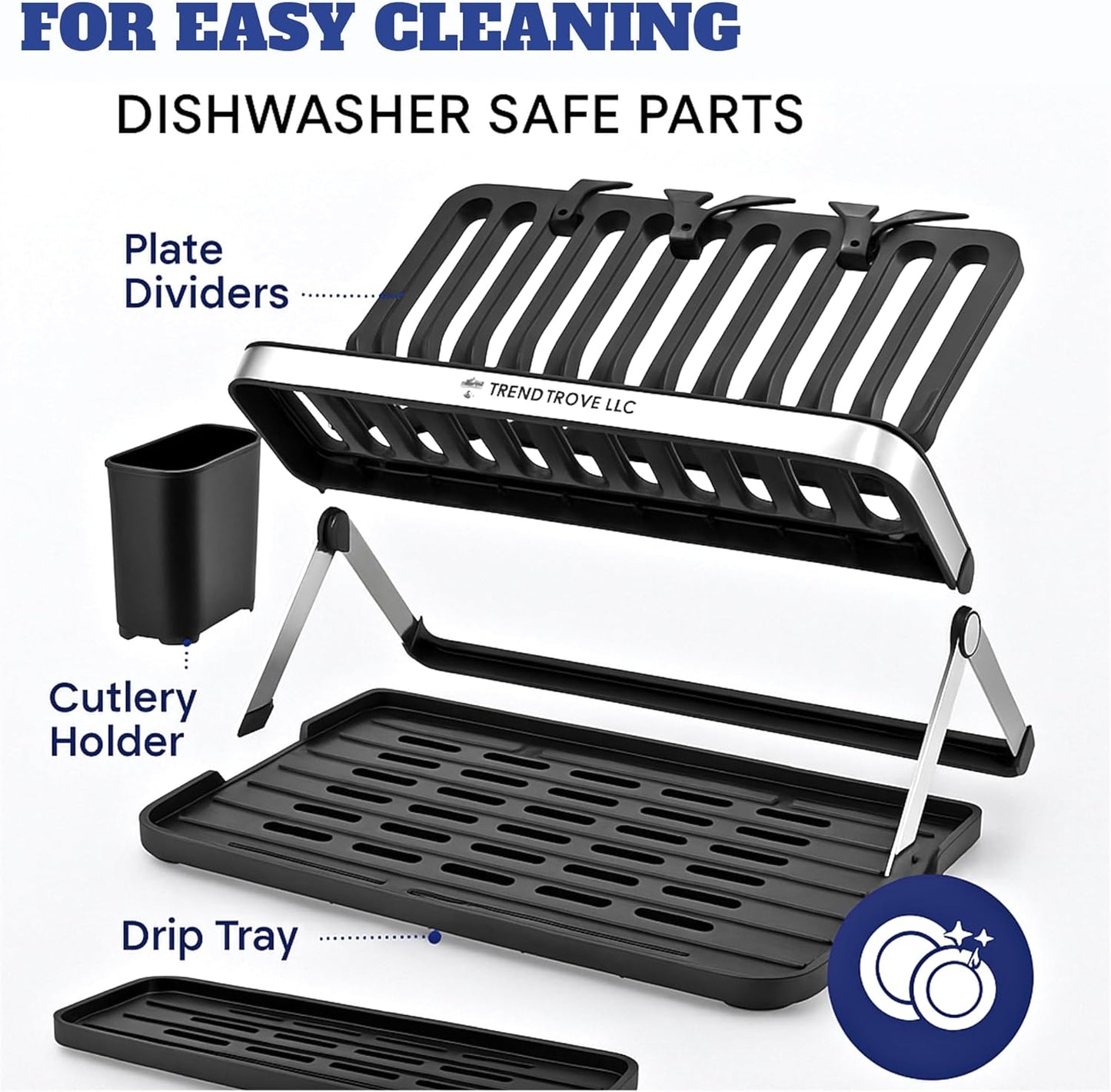 TrendTrove Foldable Dish Drying Rack – Stainless Steel Dish Rack for Kitchen Counter & Over Sink – Compact, Space-Saving Dish Drainer with Drip Tray, Utensil Holder & Plate Dividers (Black/Silver)