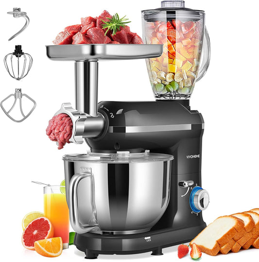 VIVOHOME 3 in 1 Multifunctional Stand Mixer with 6 Quart Stainless Steel Bowl, 650W 6 Speed Tilt-Head Meat Grinder, Juice Blender, Black