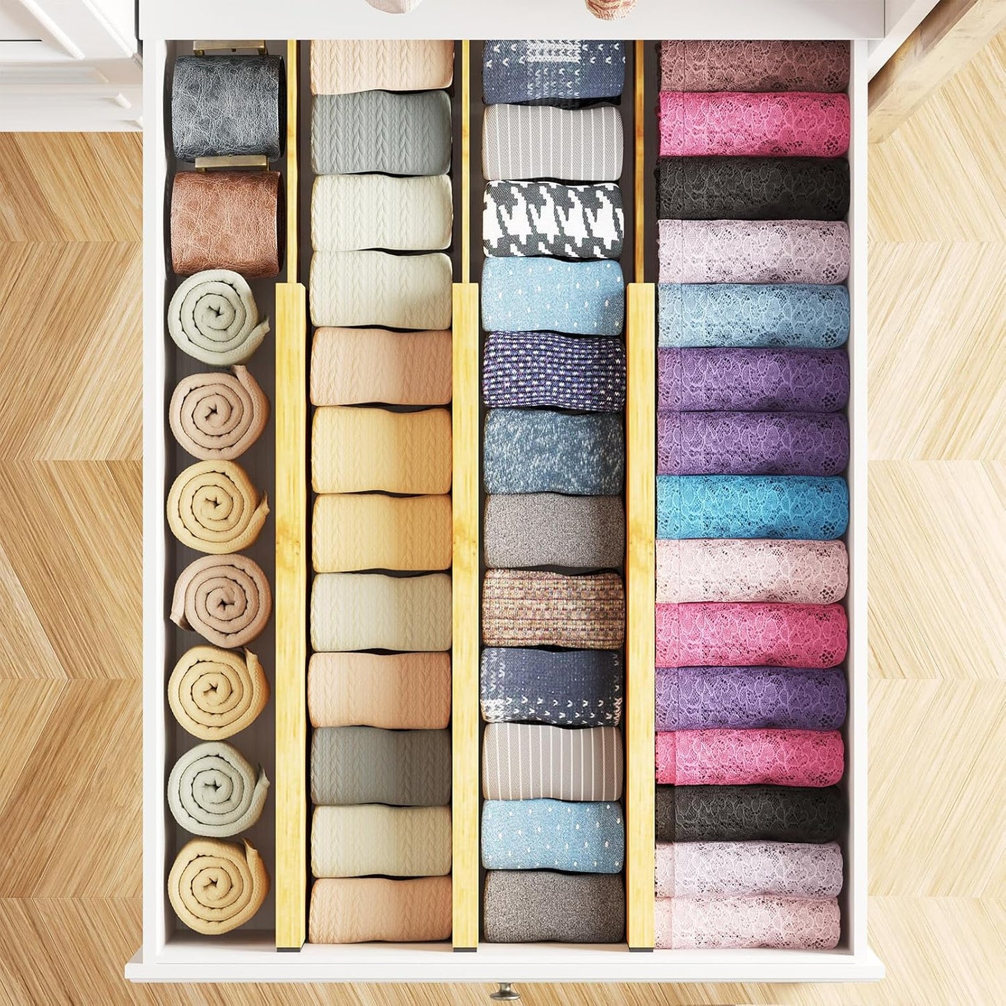 SpaceAid Bamboo Dresser Drawer Dividers 6 Pack, 4.65“ High Adjustable 17“-22” Drawer Organizers, Expandable Organization for Clothing, Clothes, Dressers, Natural