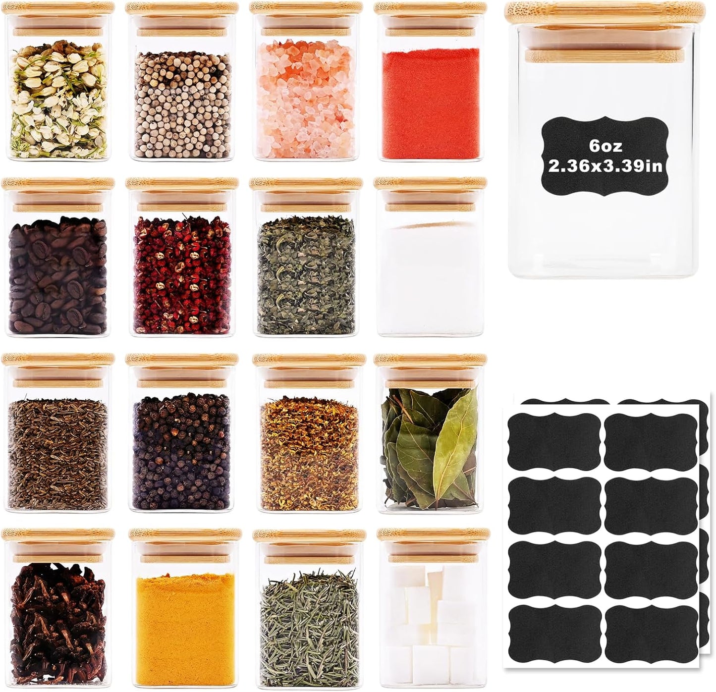 Glass Food Storage Jars Square 6oz, 16 Pack Glass Jars With Bamboo Lids, Kitchen Storage Containers For Spice, Candy, Cookie, Storage For Pantry Organizers