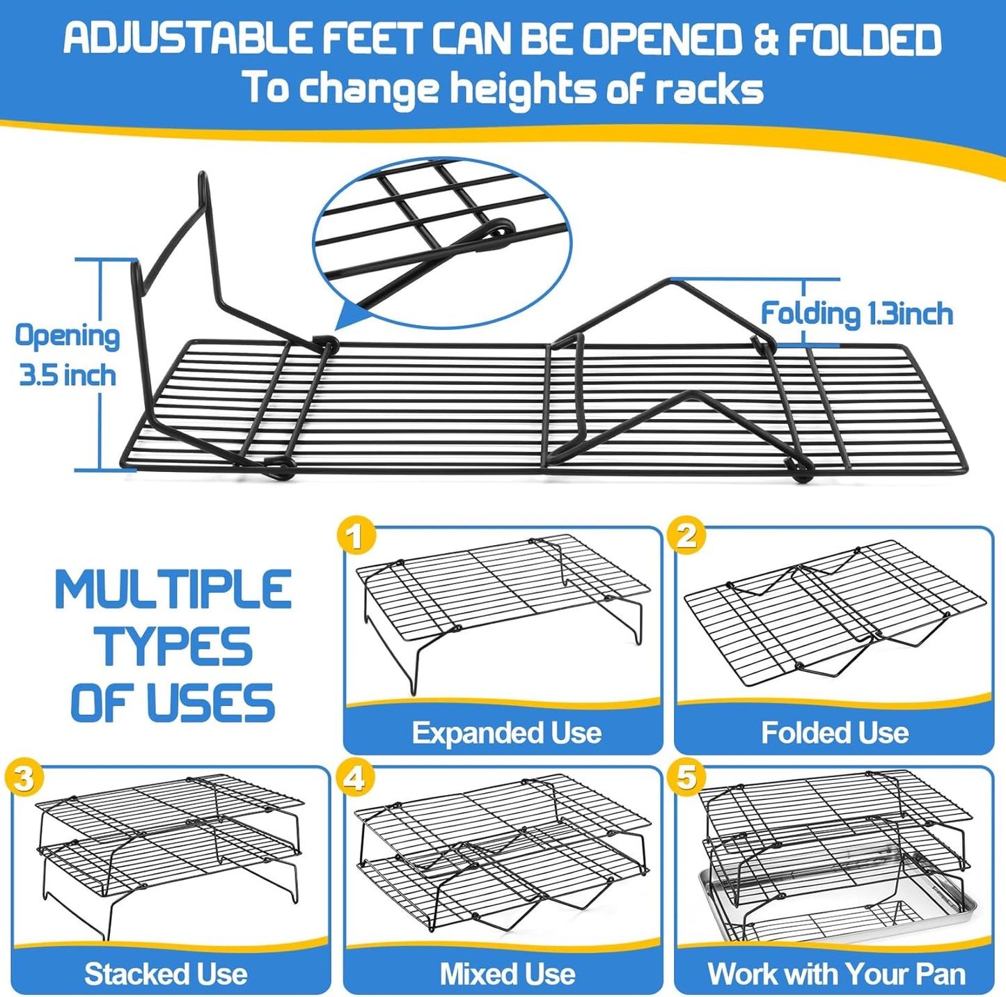 P&P CHEF 3-Tier Cooling Rack Set, Stackable Stainless Steel Baking Cooling Roasting Cooking Racks for Cake, Pastry, Bread, Meat, Bacon, Collapsible & Thick Wire, Oven Safe, 15" x10", Black