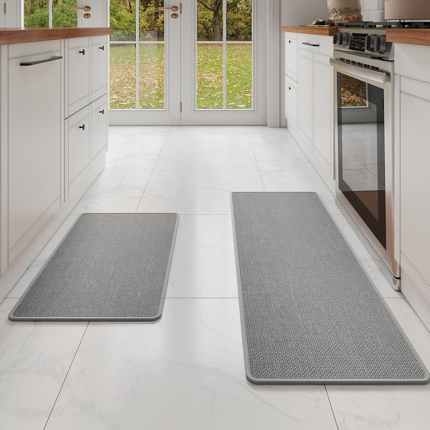 Kitchen Mat Set of 2 PCS, Cushioned Non Slip Rugs for Kitchen Floor, Absorbent Runner Comfort Standing Mats Washable for Kitchen, Office, Home Grey 17x30+17x47