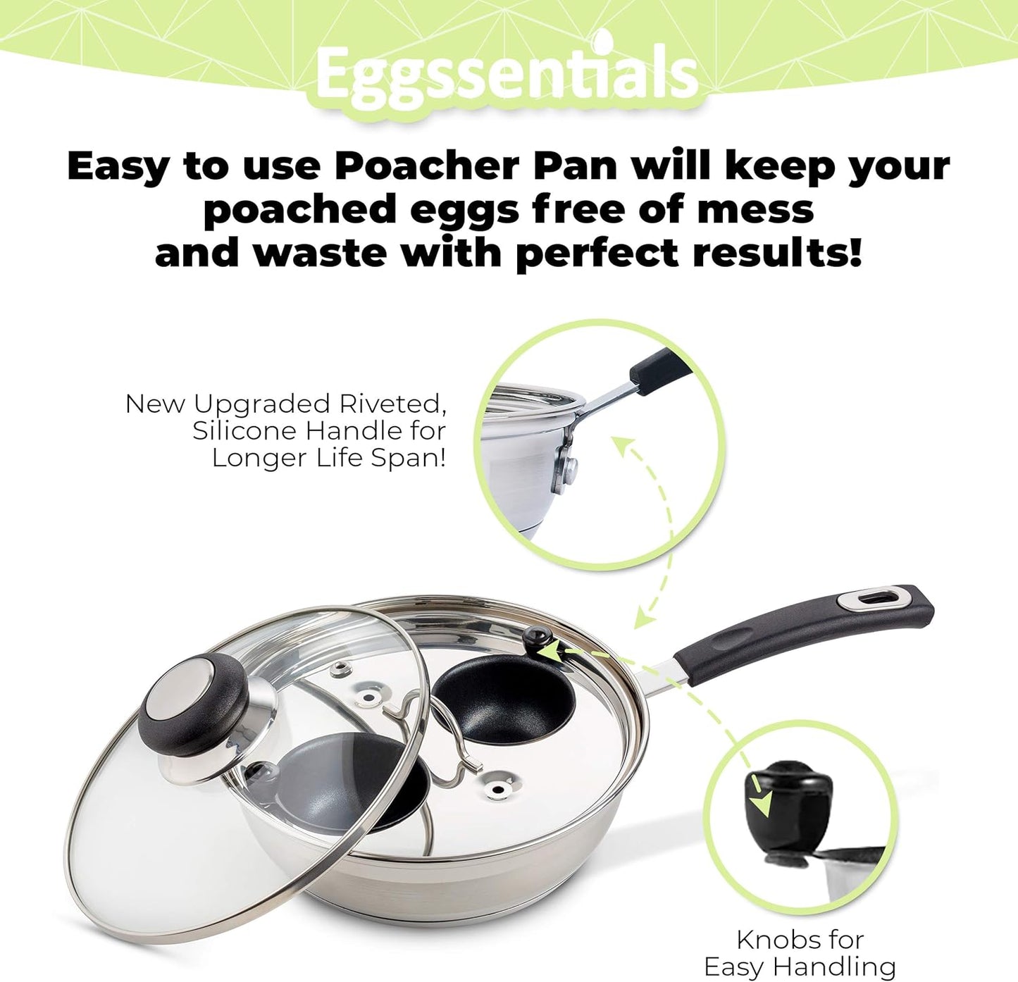 Eggssentials Egg Poacher Pan Nonstick Coating - Poached Egg Cooker, Stainless Steel Egg Poaching Pan PFOA Free with Spatula, Poached Egg Maker, Egg Poachers Cookware