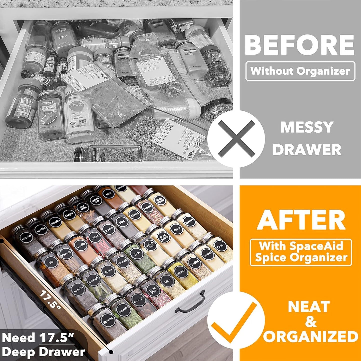 SpaceAid Spice Drawer Organizer with 36 Spice Jars, 386 Spice Labels, 4 Tier Seasoning Rack Tray Insert for Kitchen Drawers, 16.75" Wide x 17.5" Deep