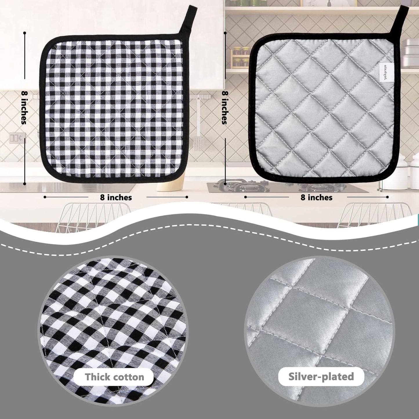 Joyhalo 4 Pack Pot Holders for Kitchen,Cotton Oven Holder with Great Heat Resistance,Non Slip Hot Pads for Kitchen Clearance,Black Buffalo Plaid