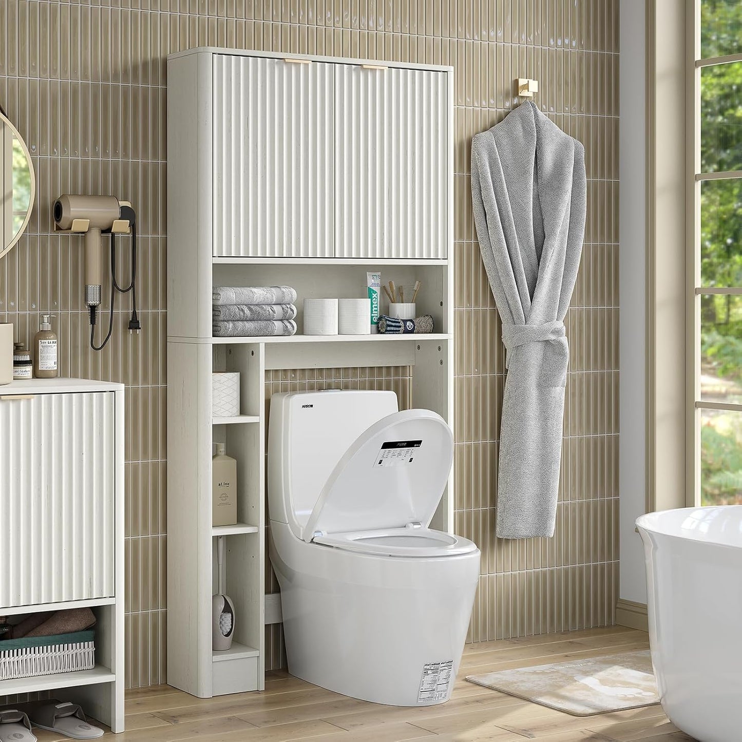 Furnideco Fluted Over The Toilet Storage Cabinet 31''W Modern Above Toilet Storage Cabinet with Fluted Doors & Adjustable Shelf for Bathroom, Antique White