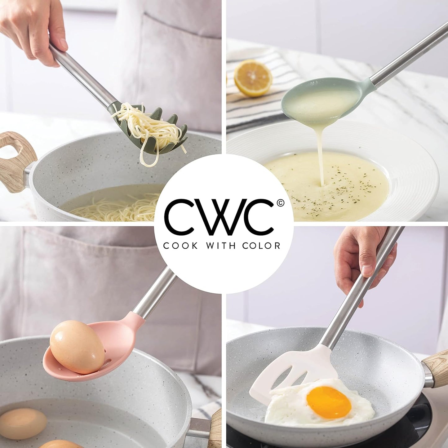 COOK WITH COLOR Silicone Cooking Utensils, Kitchen Utensil Set, Easy to Clean Silicone Kitchen Utensils, Cooking Utensils for Nonstick Cookware, Kitchen Gadgets Set, 5 Pieces, Mint