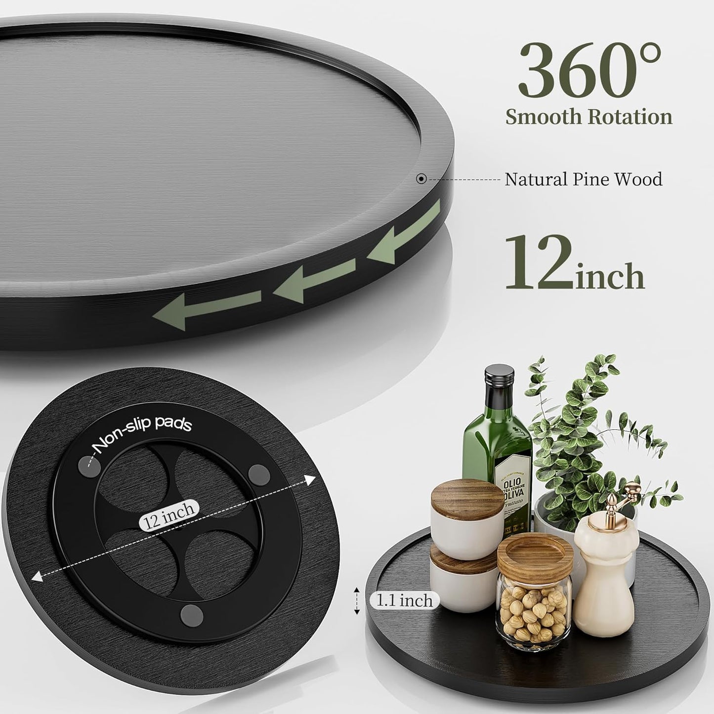 LAMU 12' Wood Lazy Susan Organizer Turntable for Cabinet, Lazy Susan for Table Top, Pantry, Kitchen, Bathroom, Countertop, Rotating Spice Organizer, Vanity Decor Tray, Pine Wood, Black