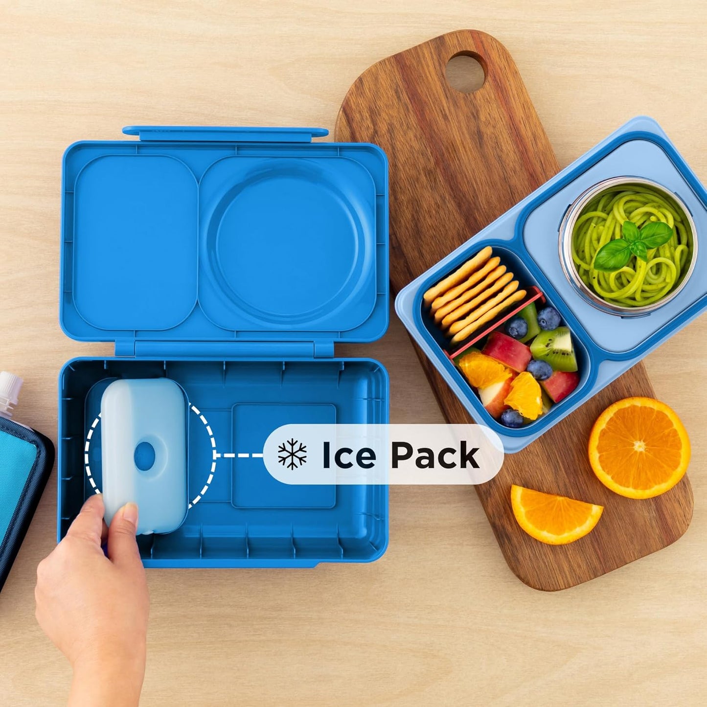 Omie OmieBox UP bento Box for Kids | Insulated Lunch Box | Leak Proof Vacuum Insulated Thermal Food jar | Cooler ice Pack | 2 Compartments (Cosmic Blue)