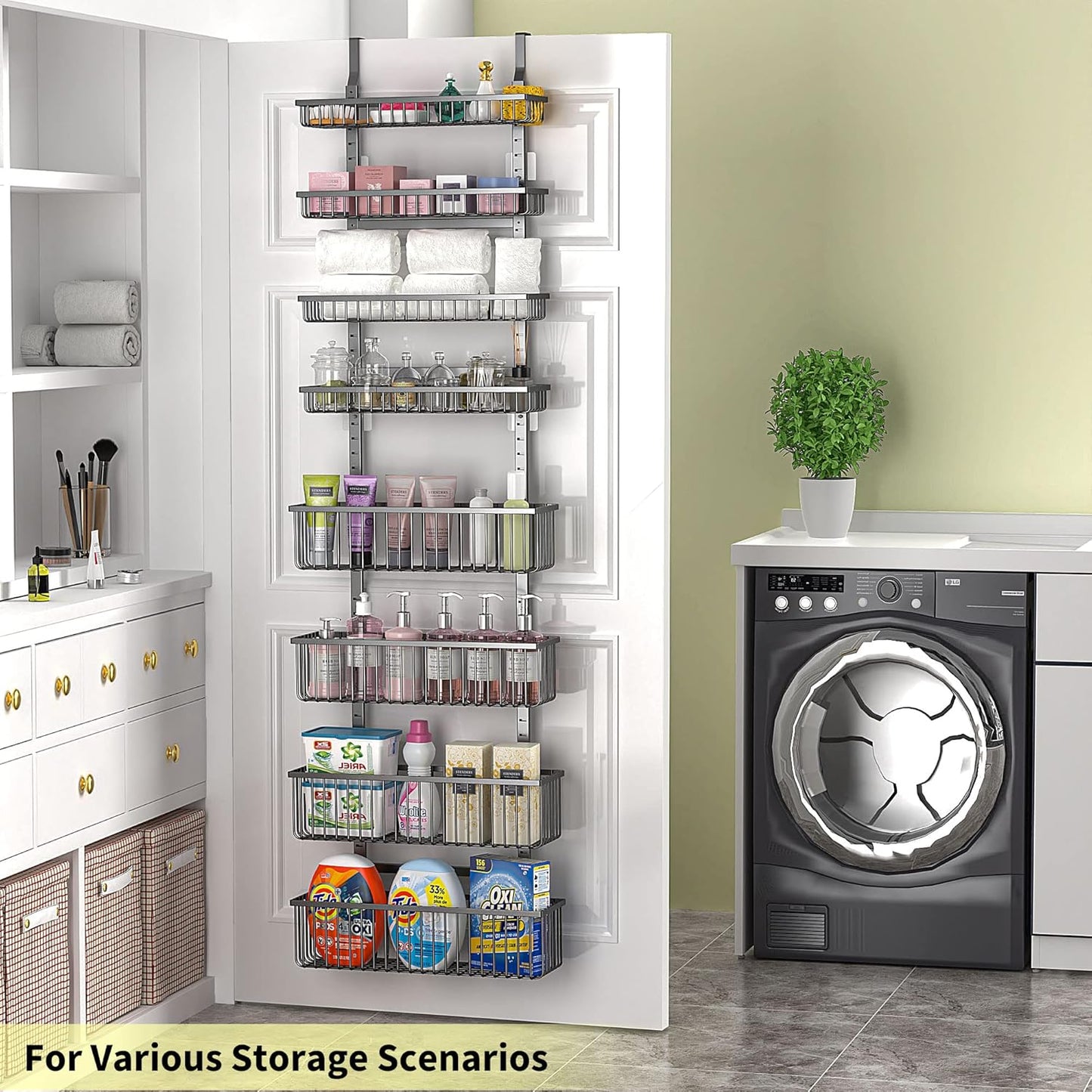 Moforoco Over The Door Pantry Organizer, Pantry Door Organizer Shelves, Kitchen Organizers and Storage, Hanging Basket Wall Spice Rack Seasoning Shelves, Laundry Room Bathroom accessories（Black