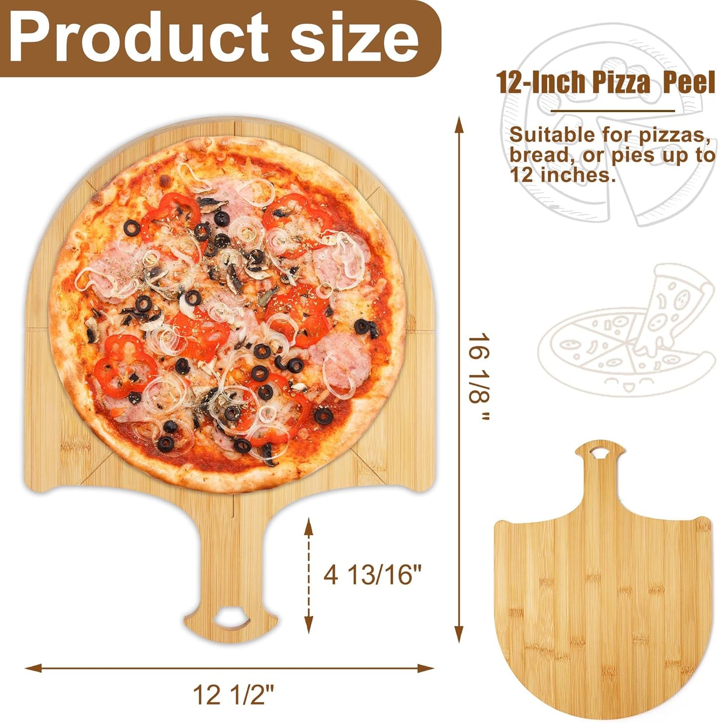 Pizza Peel Wooden, 12 Inch Pizza Spatula Wood Non-Stick, Bamboo Pizza Paddle as Cutting Board with Cutting Grooves for Easy Pizza and Bread Making