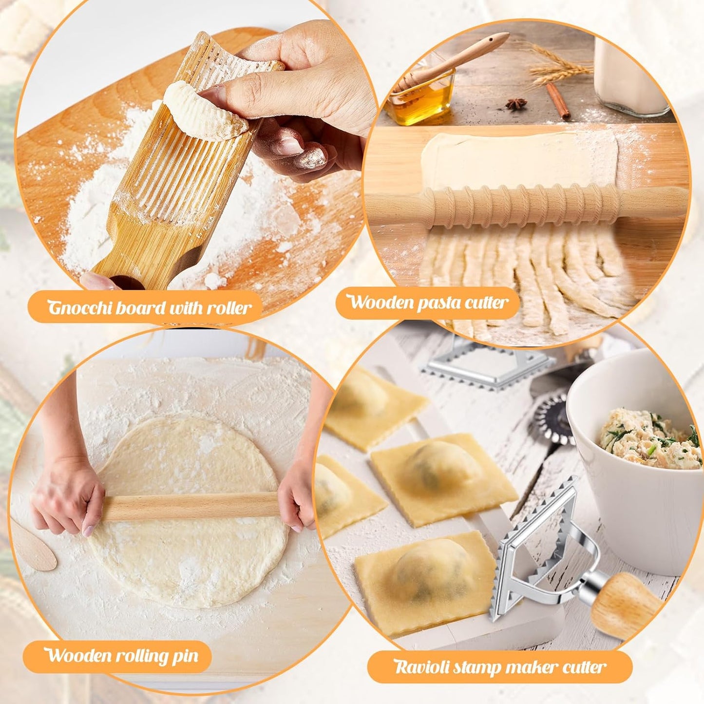 Tioncy 7 Pcs Gnocchi Pasta Making Tool, Wood Gnocchi Board with Ravioli Stamp and Rolling Pin Set Homemade Kitchen Gift for Baking Lovers(Curve Style)