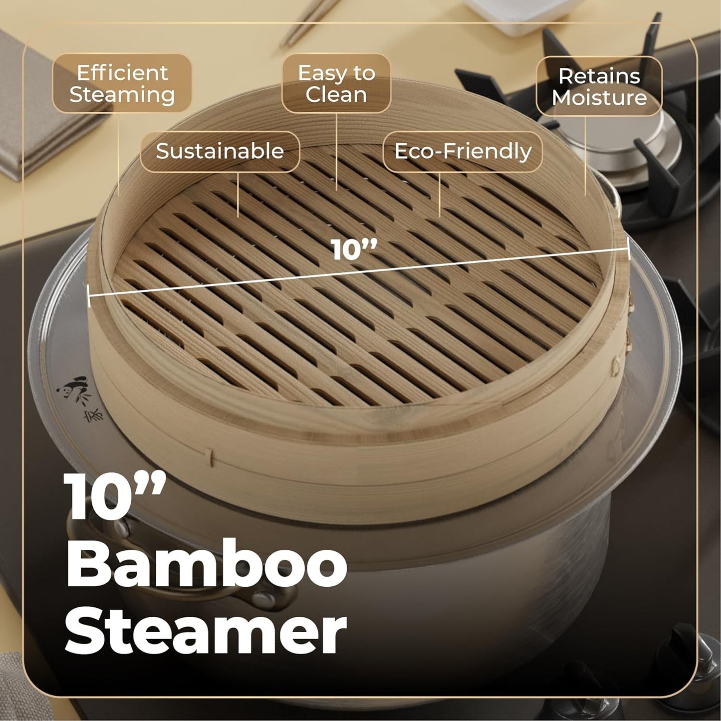 Prime Home Direct Bamboo Steamer Basket 10-Inch | 2-Tier Steamer for Cooking | 50 Liners, Chopsticks, Sauce Dish | Steaming Asian Food, Bao Buns, Chinese, Dim Sum, Dumpling, Rice, Vegetable Steam Pot