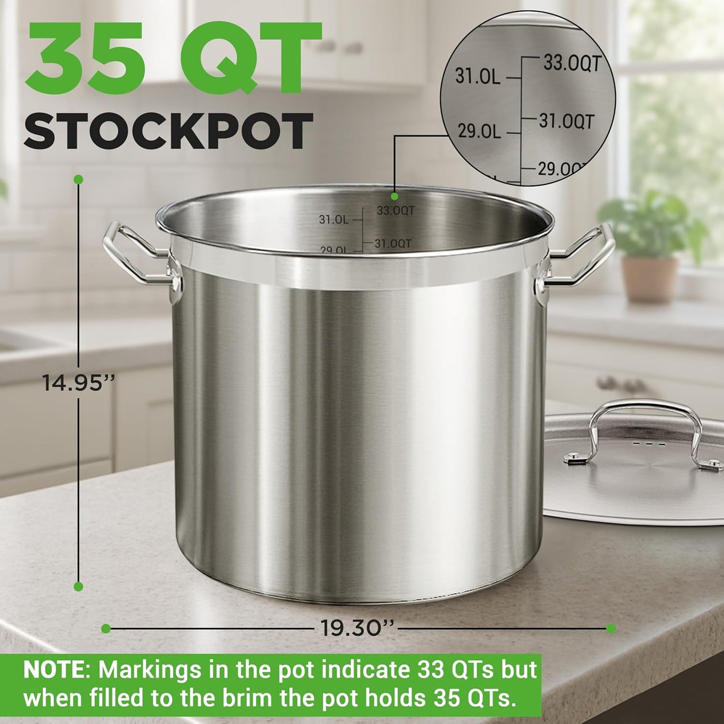 Nutrichef Stainless Steel Cookware Stockpot, 35 Quart Heavy Duty Induction Soup Pot With Stainless Steel Lid And Strong Riveted Handles, Even Heat Distribution, Compatible With Most Cooktops