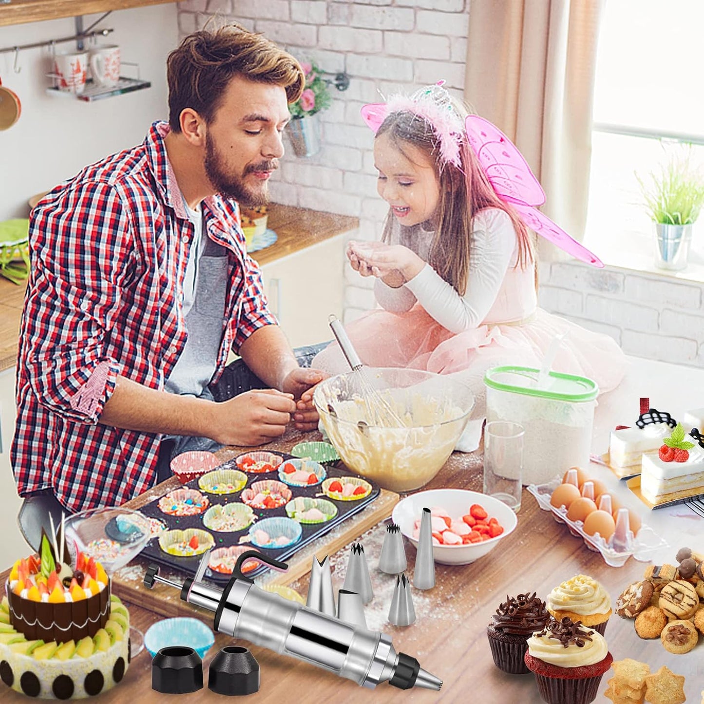 Dessert Decorating Syringe Set Frosting Piping Kit Stainless Steels Cake Decorating Tool 6 Russian Piping Icing Nozzles Cream Scraper Cupcake Frosting Filling Injector Cake Icing Tools