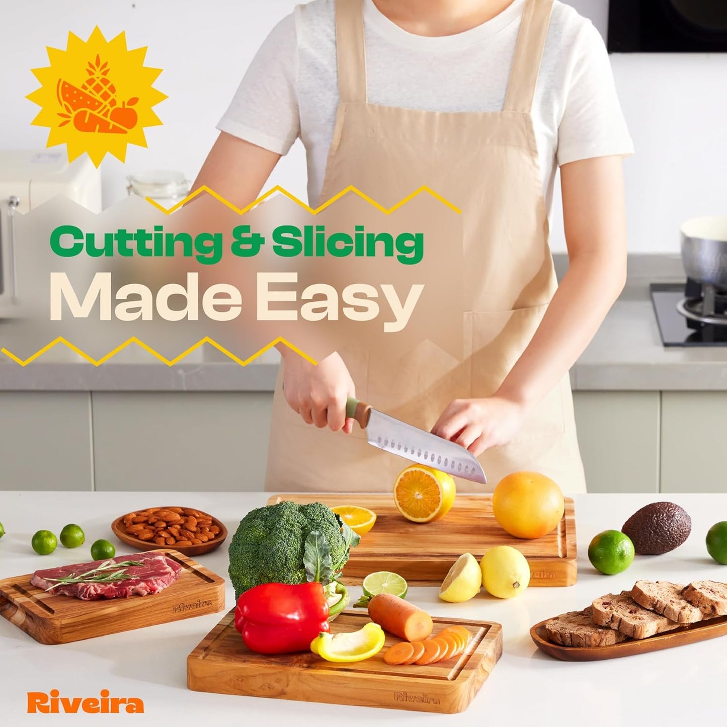 Riveira Teak Wood Cutting Board – Gourmet Teak Grandeur: 20 x 30 Wooden Cutting Board – Natural Wooden Cutting Boards For Kitchen Decorative – Innovative Juice Grooves Teak Wooden Chopping Board