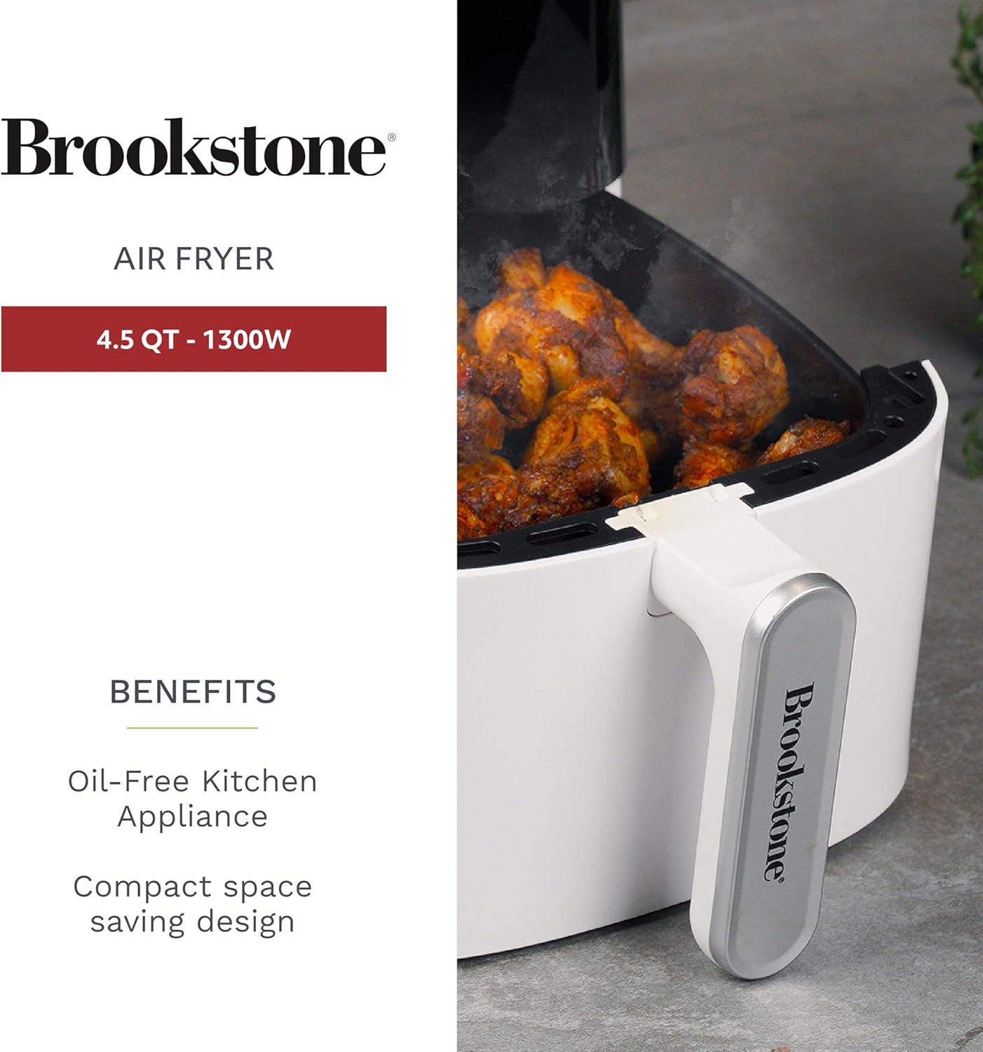 Brookstone Air Fryer – 4.5 Qt, 1300W Large Capacity Fryer with LED Display, 8 Presets, Adjustable Temp, Oil-Free Kitchen Appliance for Baking, Roasting, Frying, Healthy Crispy Meals, White