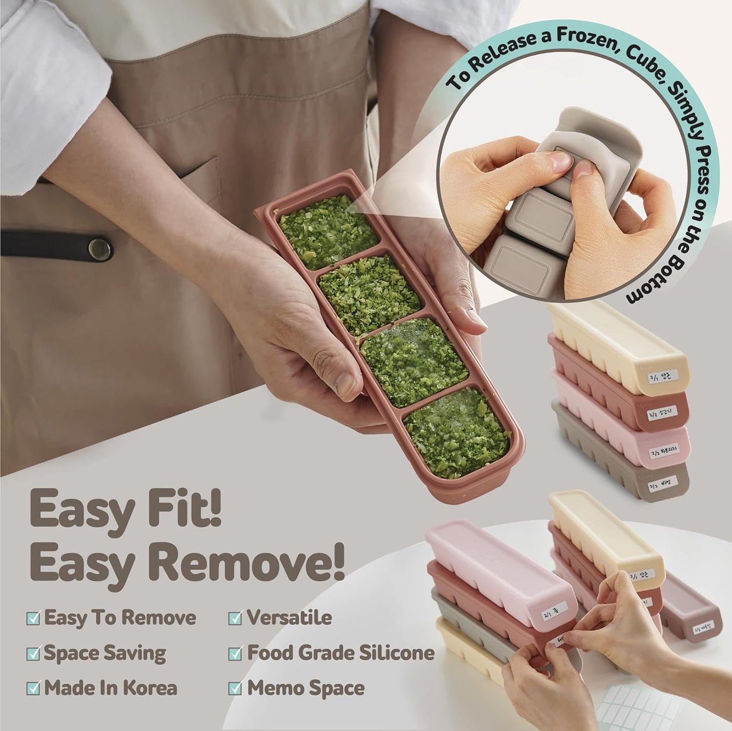 Silicone Freezer Trays with Lid,1.7oz 4 Section - Leak Proof Silicone Freezer molds for Homemade Baby Food Breastmilk,Purees, Vegetables, Baby Food Jars Ice Tray with Lid BPA Free Taupe Brown