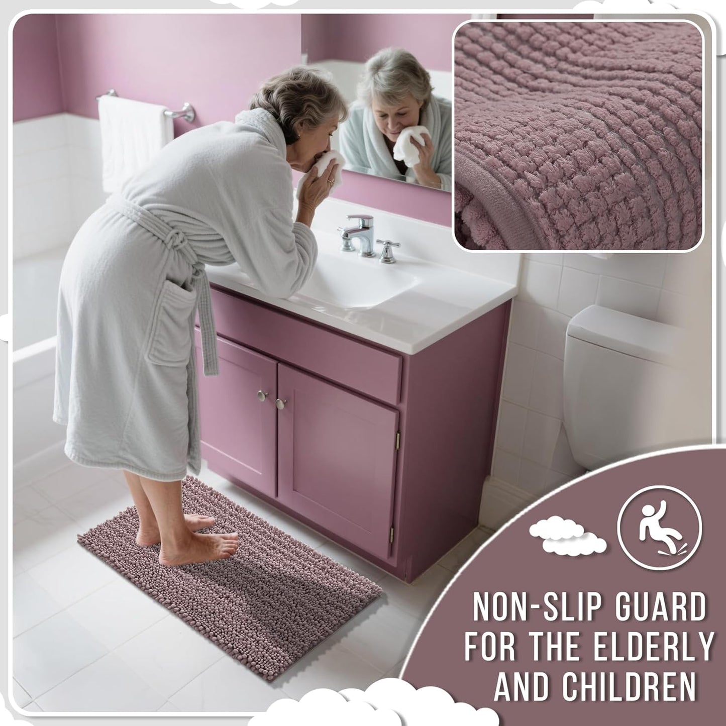 Yimobra Bathroom Rugs Non Slip Washable 32x20 Inch - Ultra Soft Absorbent Chenille Bath Mat, Quick Dry Shaggy Floor Carpet for Tub Shower, Mauve Home Decor Accessories
