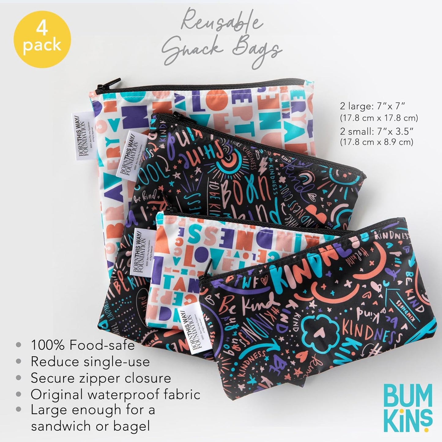 Bumkins - Cloth Snack & Sandwich Bags - For Storage, Travel, Food Prep, Lunch - Reusable, Water Resistant, Washable, Dishwasher Safe - Snack Bags for Kids - Zipper Closure - BTWF Kindness - 4 Pack