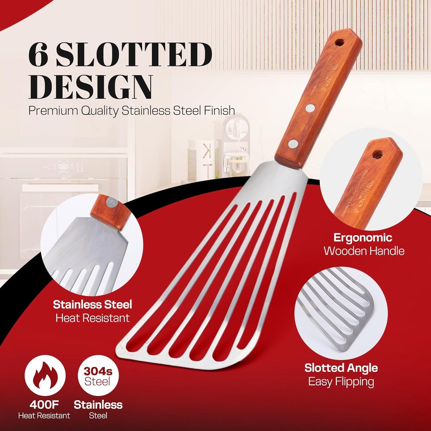 1 Slotted Elegant Silver Fish Turner Spatula - Metal Fish Spatula with 6.5 inch Blade & Ergonomic Wooden Handle - Ideal for Home and Professional Chefs