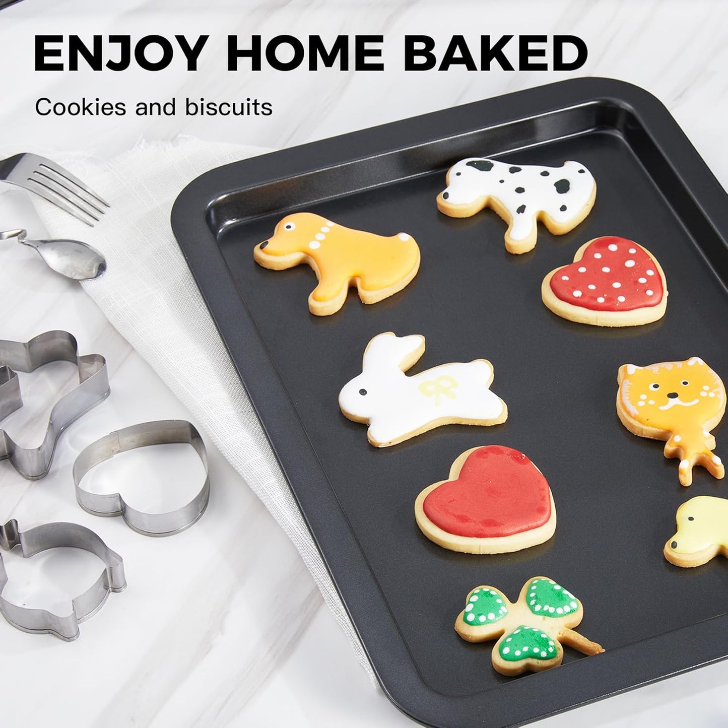 HONGBAKE Baking Sheet with Cookie Cutters, Jelly Roll/Quarter Baking Pan Set for Oven, 8 Pack Nonstick Bakeware Sets with Wider Grips, Premium, Dishwasher Safe - Dark Grey