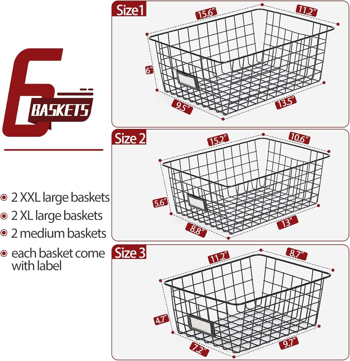 6 Pack Wire Baskets for Pantry Organization and Storage, Kitchen Organizer, 2 XXLarge & 2 XLarge & 2 Large