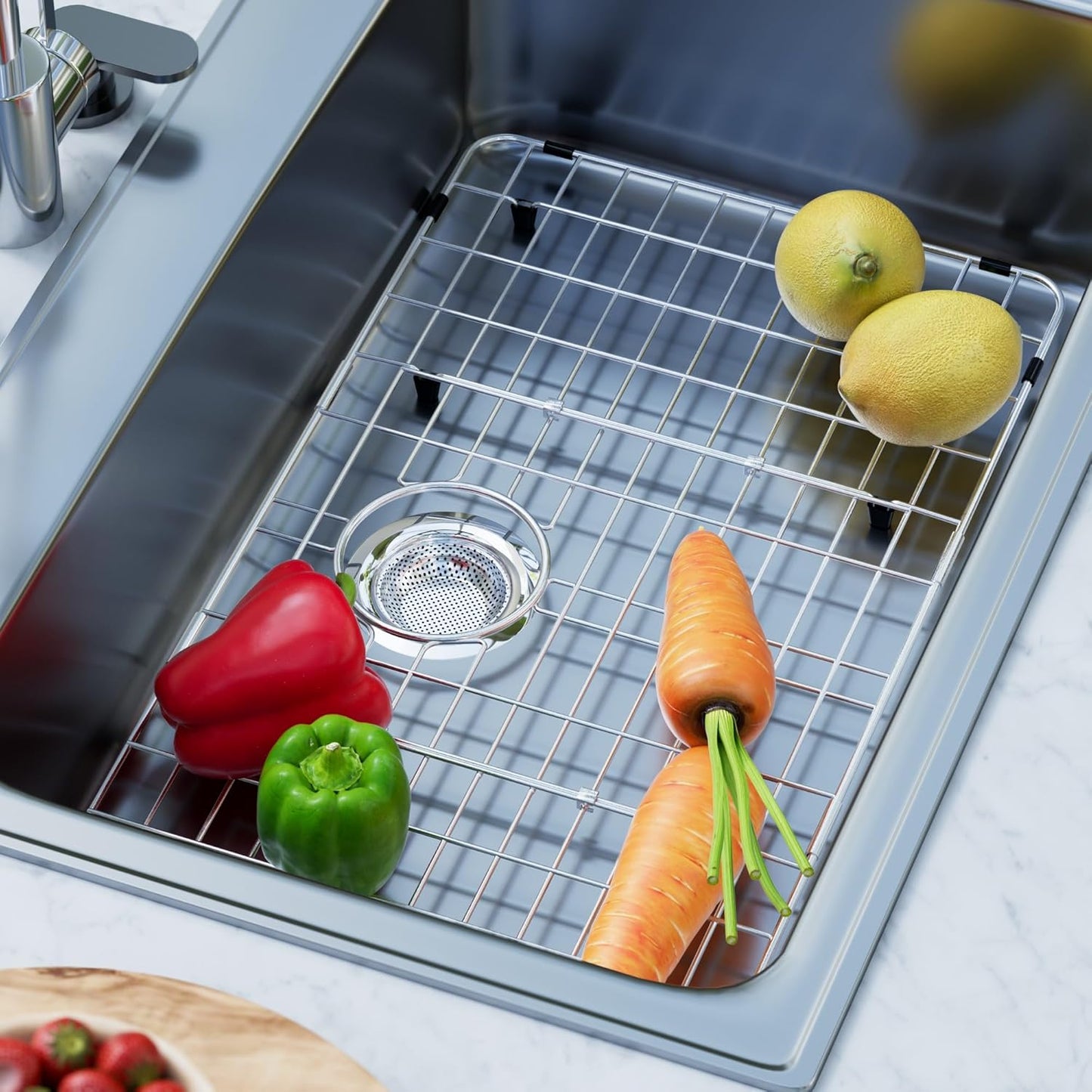 iPEGTOP Sink Rack for Bottom of Sink, Stainless Steel Sink Protector 28-3/4" x 15-3/4" with Rear Drain Hole, Sink Grid Grate with Hole Cover for Kitchen Sink Single Bowl