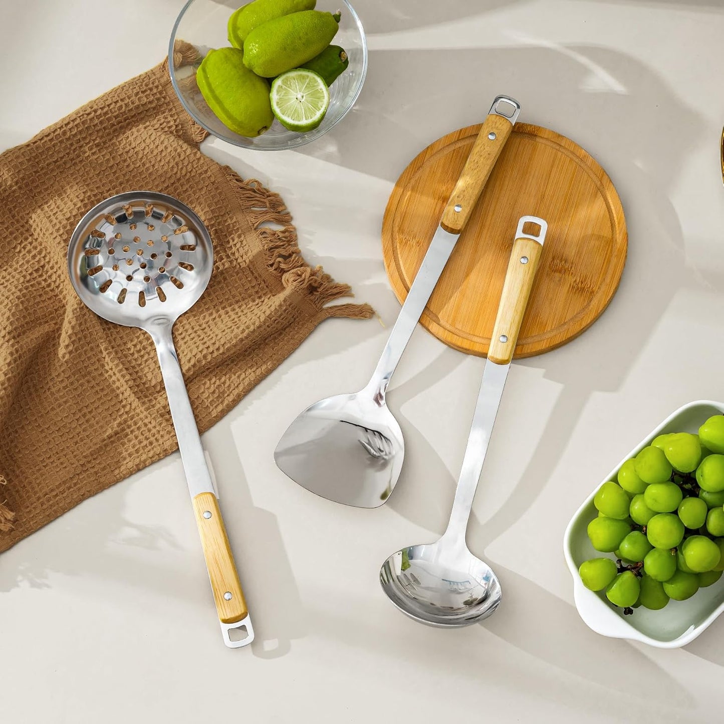 FJNATINH Wok Spatula and Ladle Skimmer Spoon - Stainless Steel Cooking Utensils Set of 3,Kitchen Wok Utensils Set