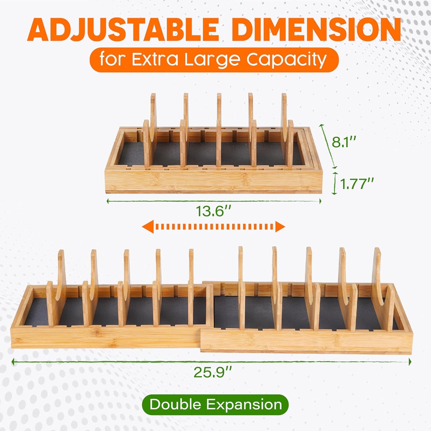 [Adjustable] Bamboo Pots and Pans Organizer under Cabinet, Expandable Bakeware & Cutting Board Organizers with Diatomaceous Earth Base & 10 PCS Adjustable Dividers, Tray Organizer for Kitchen Storage