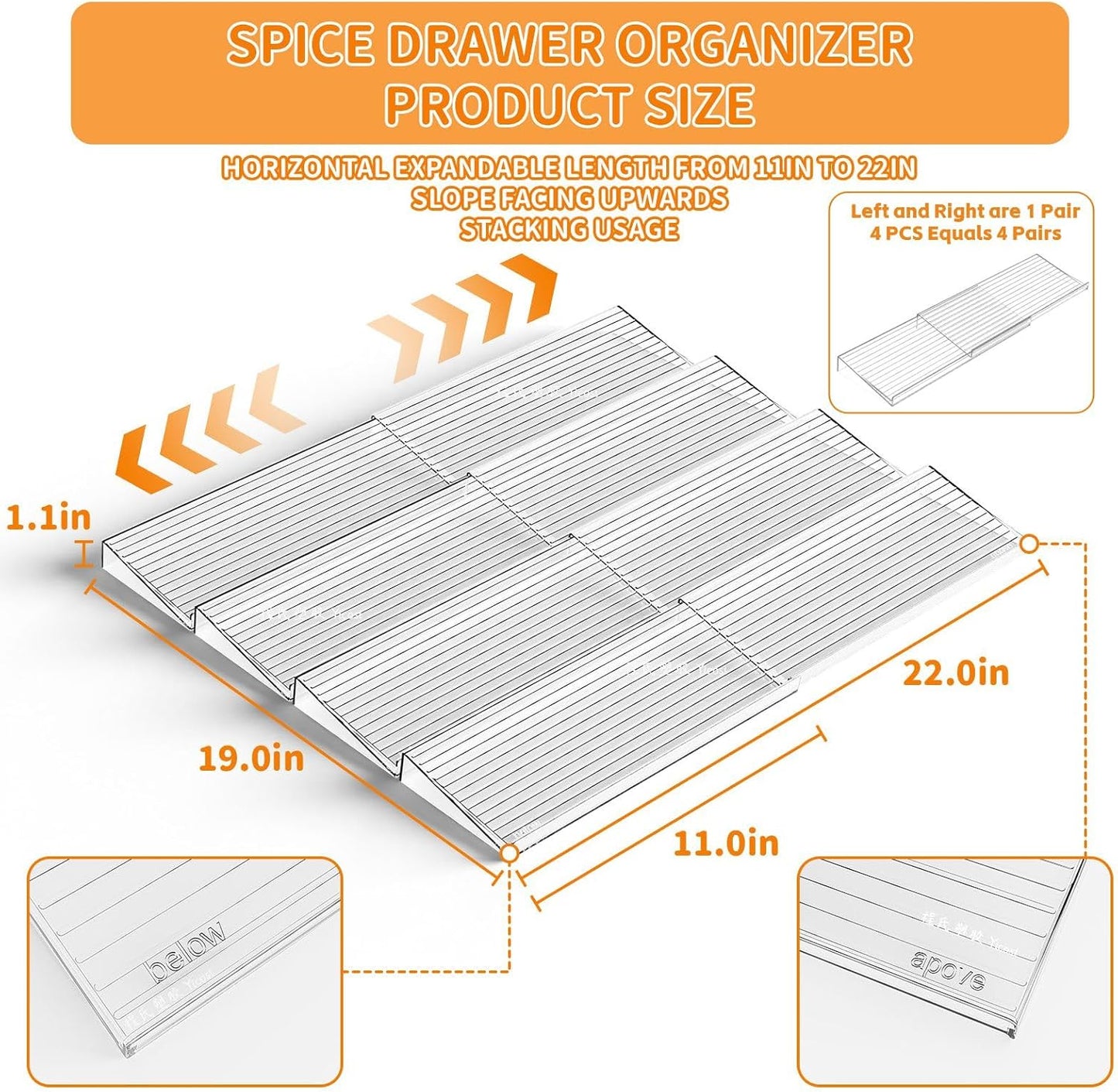 Yieach 8 Pack Adjustable In Drawer Spice Organizer - Expandable From 11'' to 22'' - Acrylic Drawer Seasoning Organizer,Clear Spice Organization Tray for Cabinet Drawers Condiment,Nail Polish and Jar
