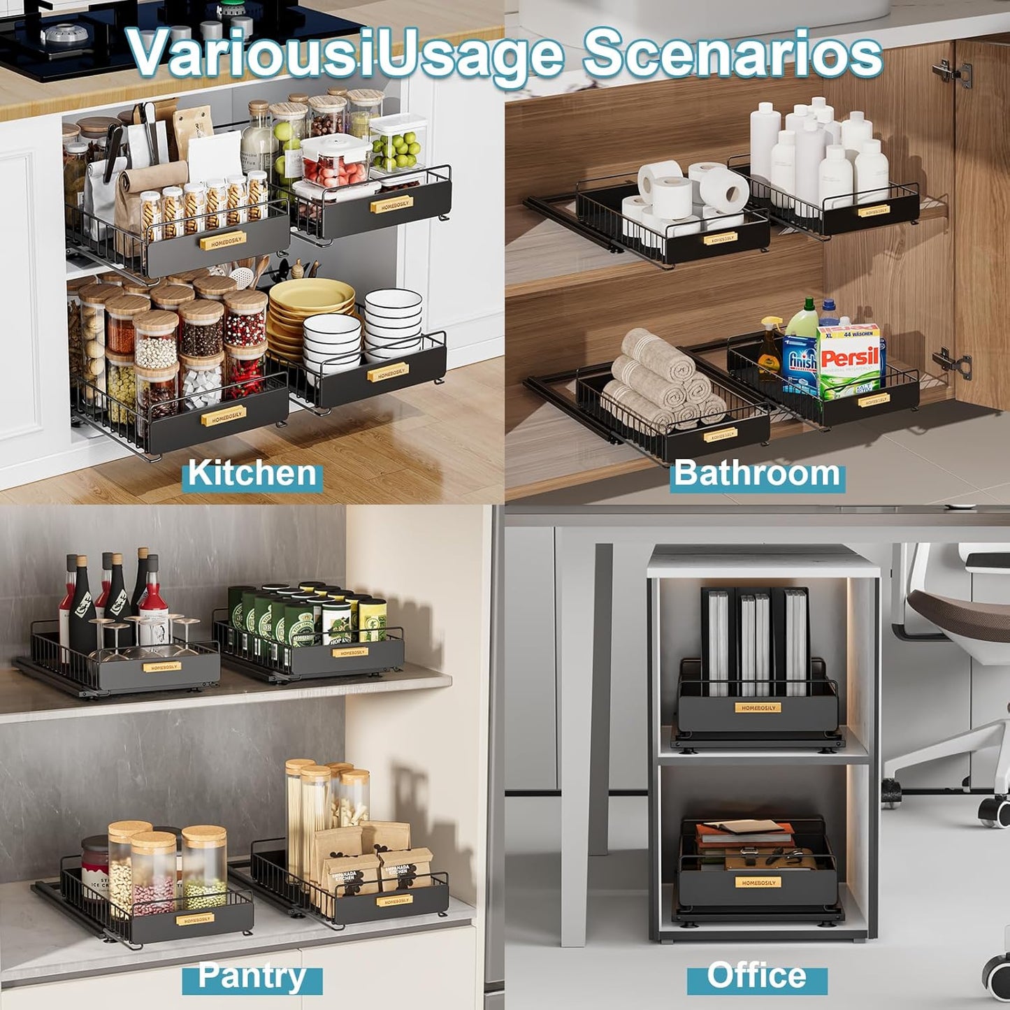 Under Sink Organizer, 2 Pack Pull Out Kitchen Cabinet Organizer, Mute Slide-Out Under Sink Organizers and Storage, Metal Kitchen Bathroom Organizers and Storage Shelves, Black