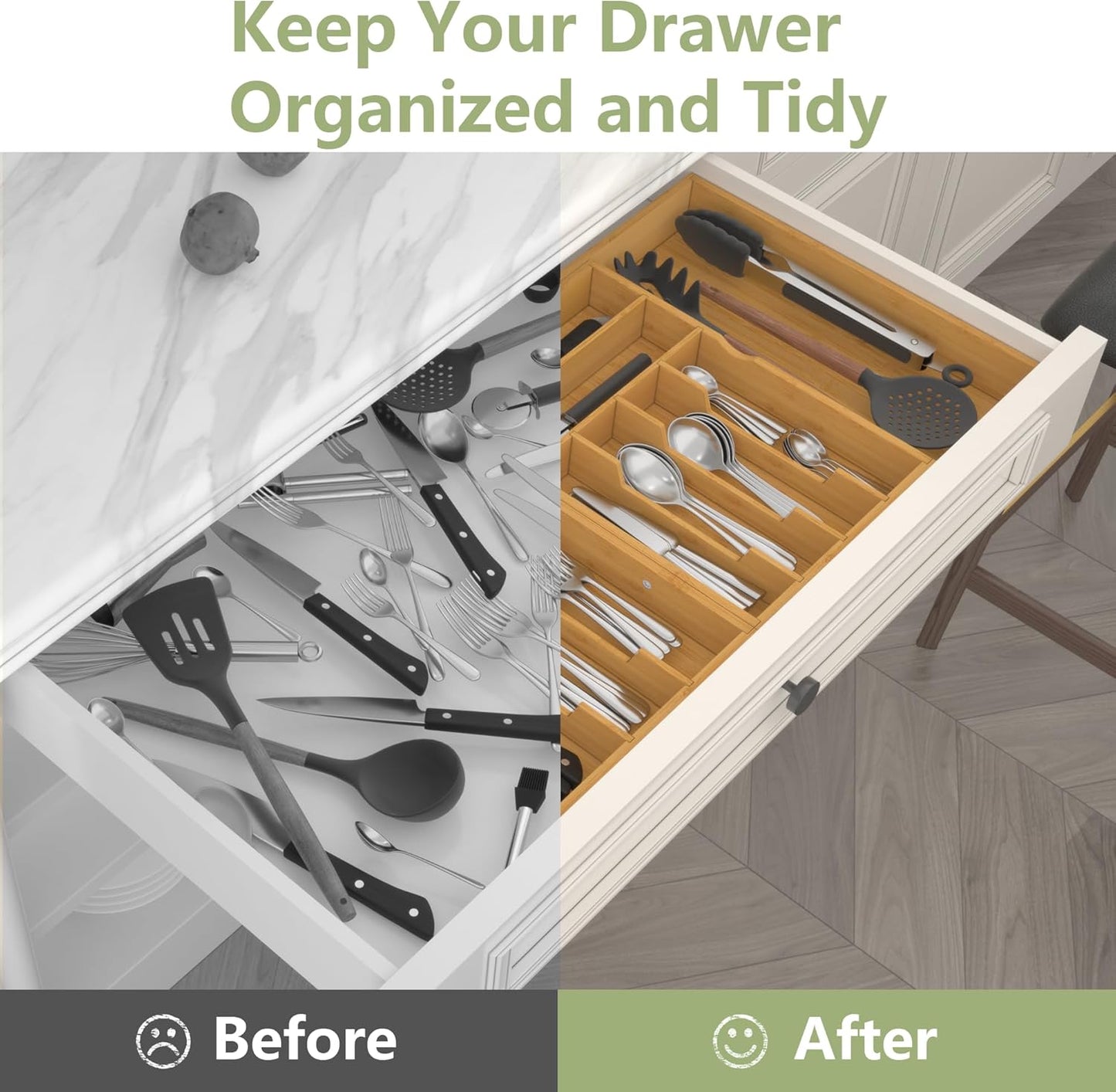 Suli Large Silverware Drawer Organizer，Adjustable Kitchen Flatware for Forks Knives and Spoons， Bamboo Cutlery Utensil Holder,Expandable from 12in-37in，Natural Bamboo