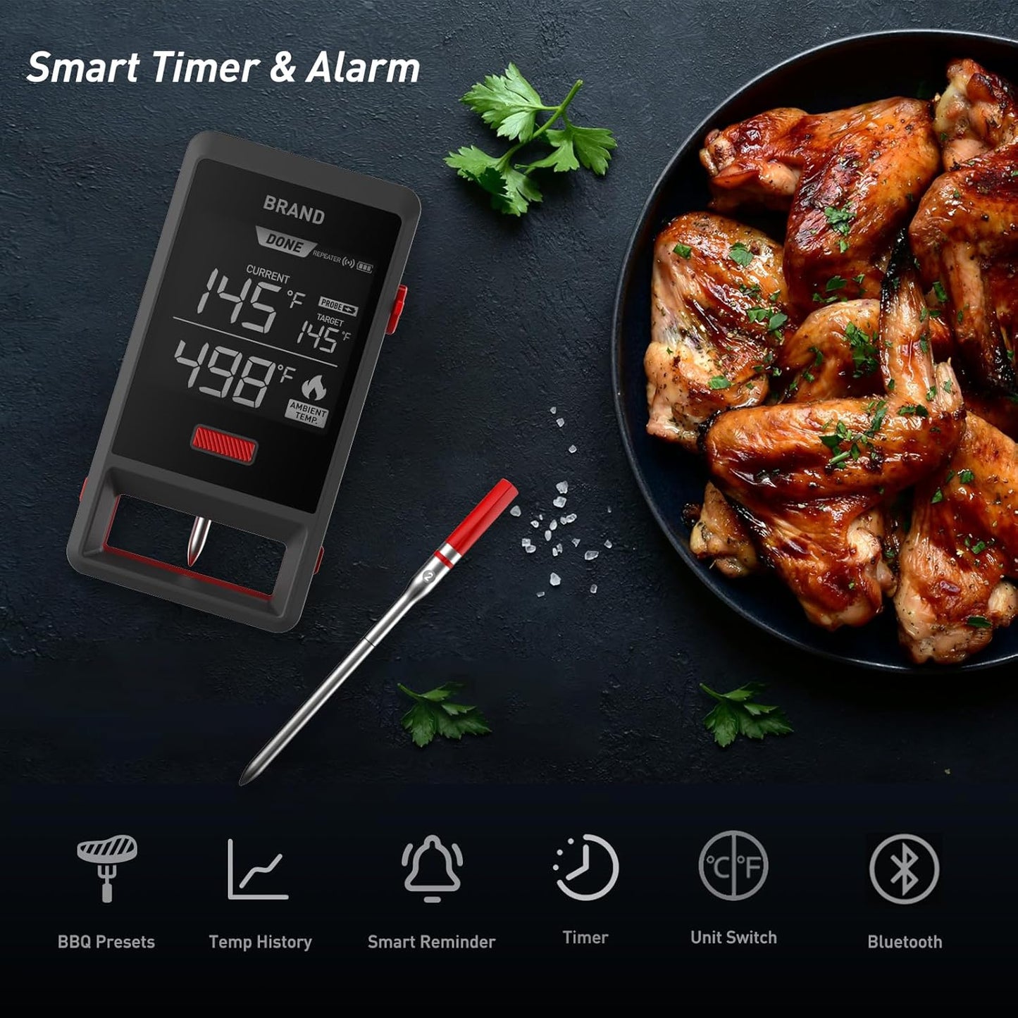 Smart Wireless Meat Thermometer for Grilling and Smoking – Bluetooth 5.2, 150m Range, IP65 Waterproof Probe – Rechargeable USB-C BBQ Thermometer for Smoker, Oven, Rotisserie