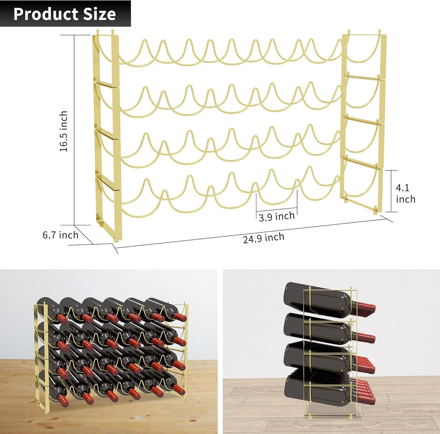 TONLEA 4 Tier Wine Rack, 3-in-1 24 Bottles Wine Storage, Wine Bottle Rack Stackable, Wine Storage Rack for Cabinet Pantry(Gold, Version 3.0)