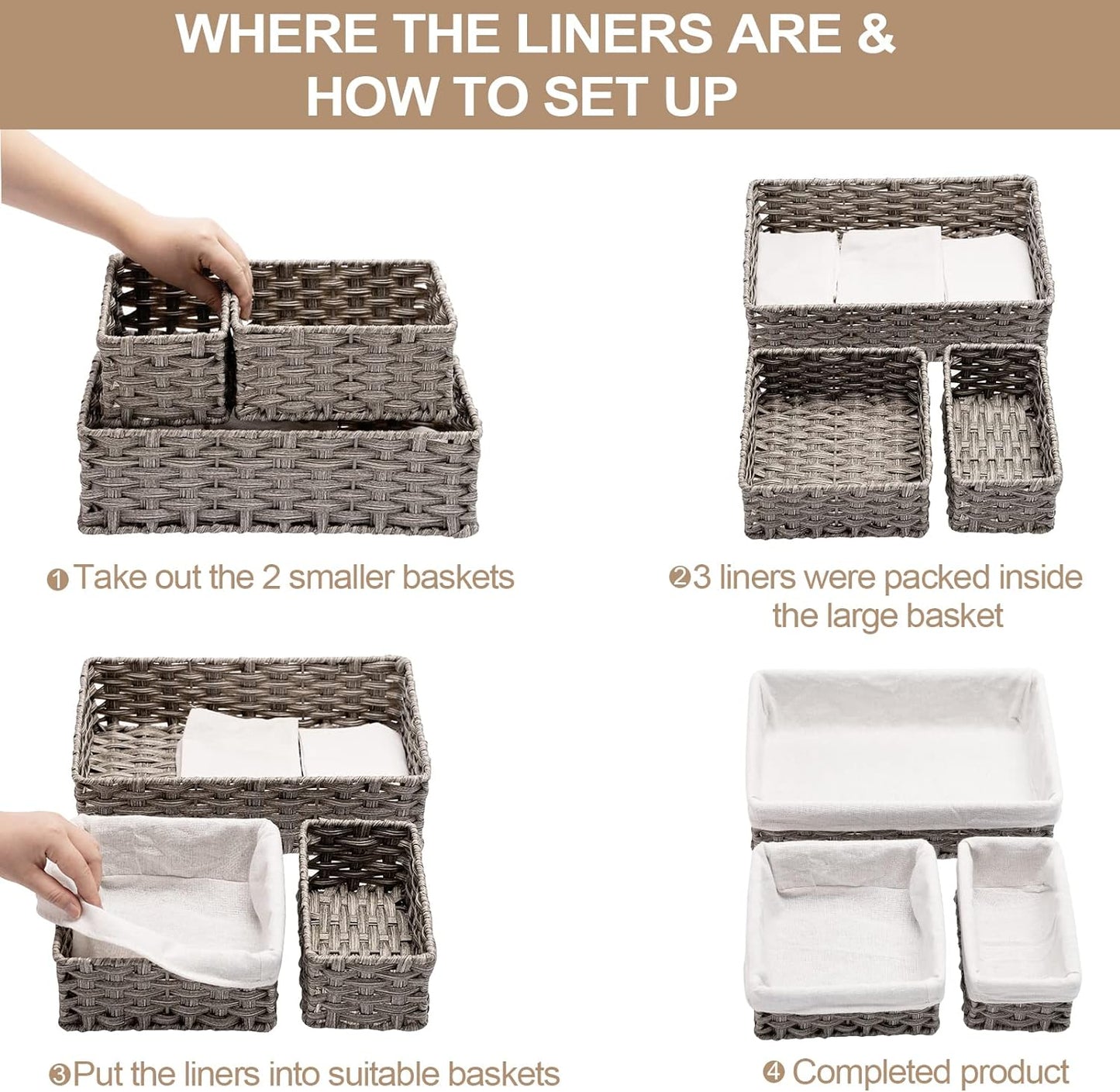 FairyHaus Wicker Baskets for Organizing 3 Pack, Waterproof Small Wicker Storage Basket for Shelves Rectangle, Nesting Lined Grey Plastic Woven Basket